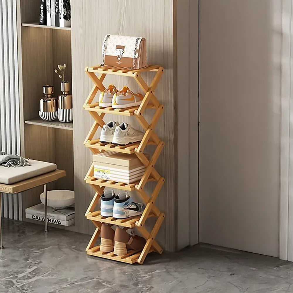 Bamboo Folding Shoe Rack 6 Tier Efficient Hallway Storage-Furniture Kingdom